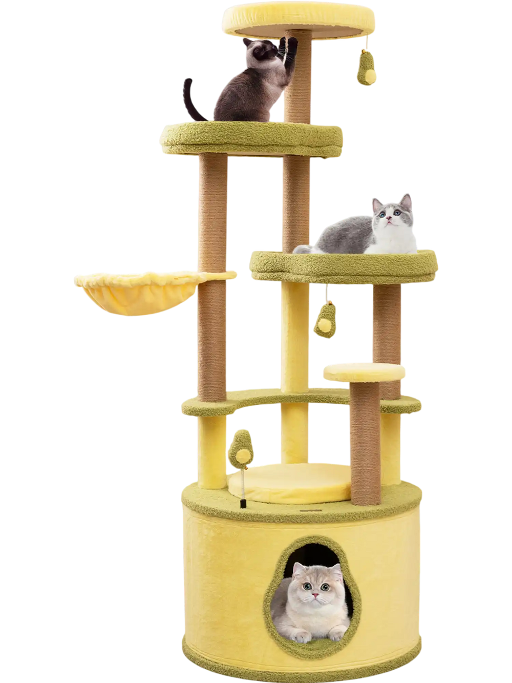 Large multi-level avocado cat tree in green with soft platforms, scratching posts, and playful pompoms for interactive.