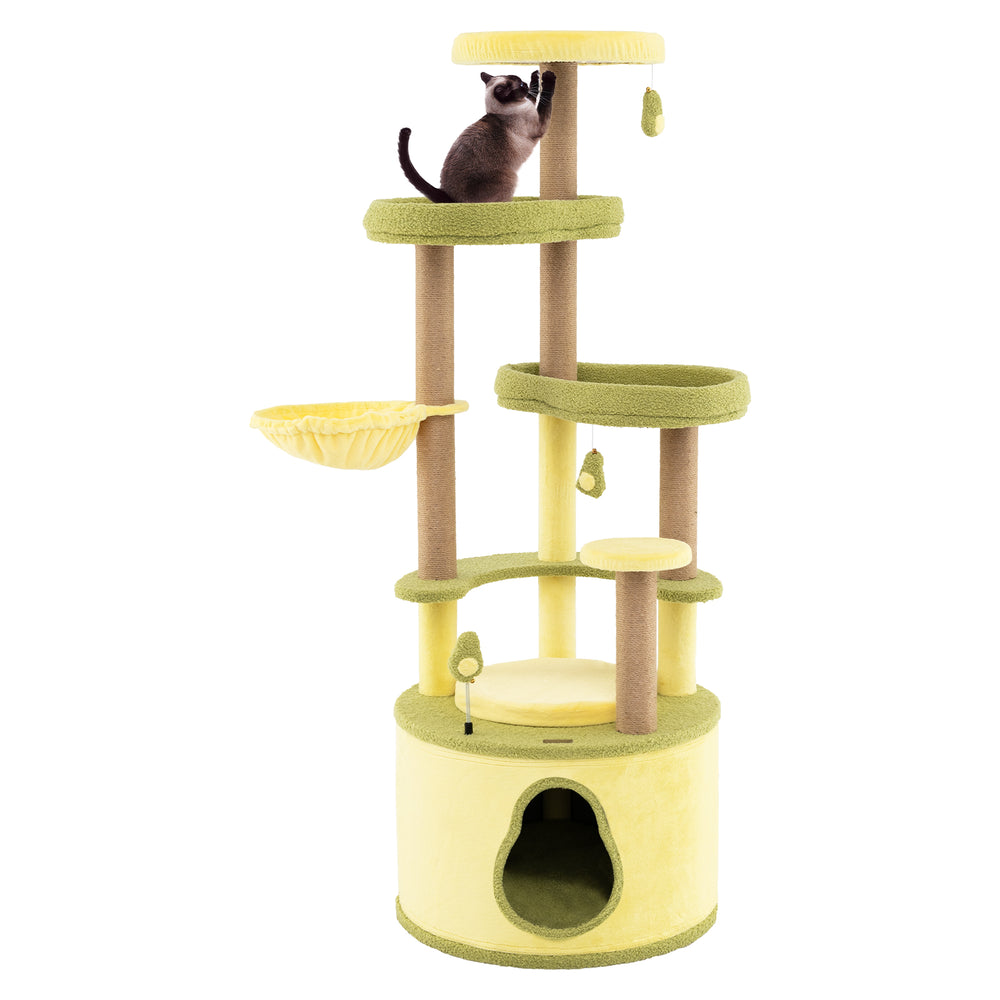 Large avocado cat tree with multiple levels, jute scratching posts, and cozy platforms for lounging and play.