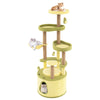 Multi-level green avocado cat tree with soft platforms, scratching posts, and cozy condo for playful lounging.