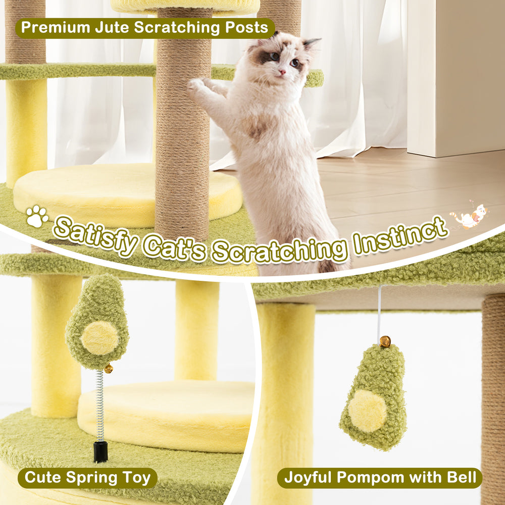 Large avocado cat tree featuring premium jute scratching posts, plush platforms, and interactive toys for playful.