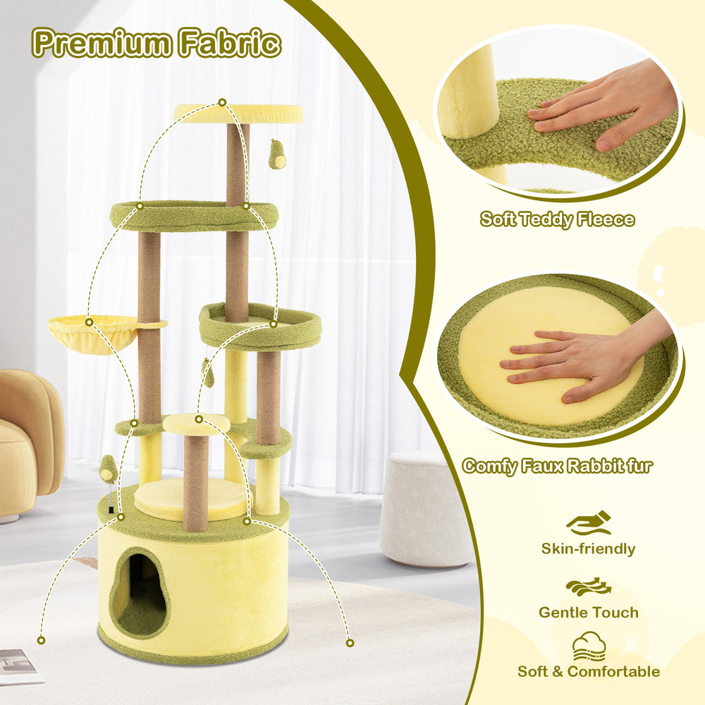 Large avocado cat tree featuring multi-level platforms, soft faux rabbit fur, and premium jute scratching posts for.