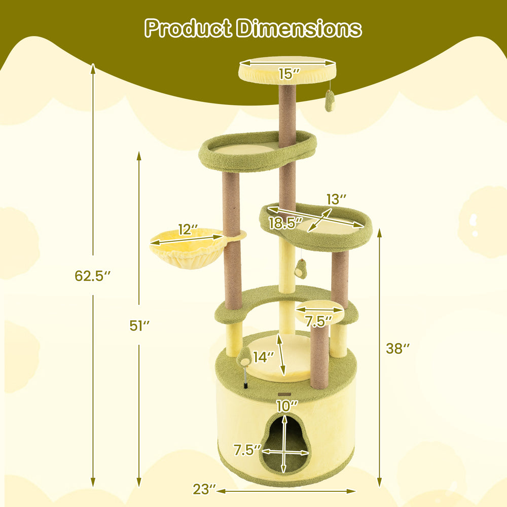 Multi-level Large Avocado Cat Tree with dimensions, featuring jute scratching posts and avocado-shaped platforms for.