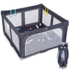 Large dark grey baby playpen with zipper gate and pull-up rings, includes 50 ocean balls for sensory development.