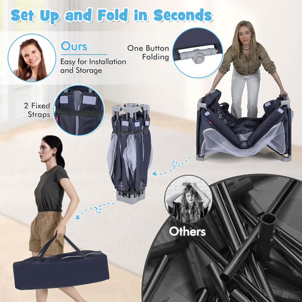 Large dark grey baby playpen with zipper gate, foldable design, and carry bag for easy travel and storage.