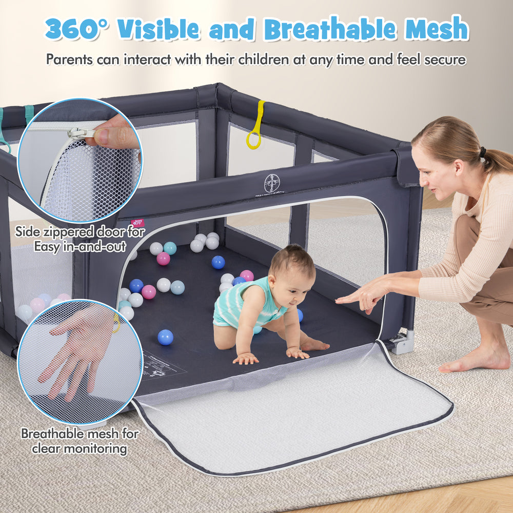 Large baby playpen with breathable mesh and zipper gate, perfect for toddlers to crawl and play safely indoors or.