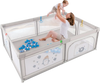 Large baby playpen with pull rings and colorful ocean balls, featuring breathable mesh for safety and fun playtime.
