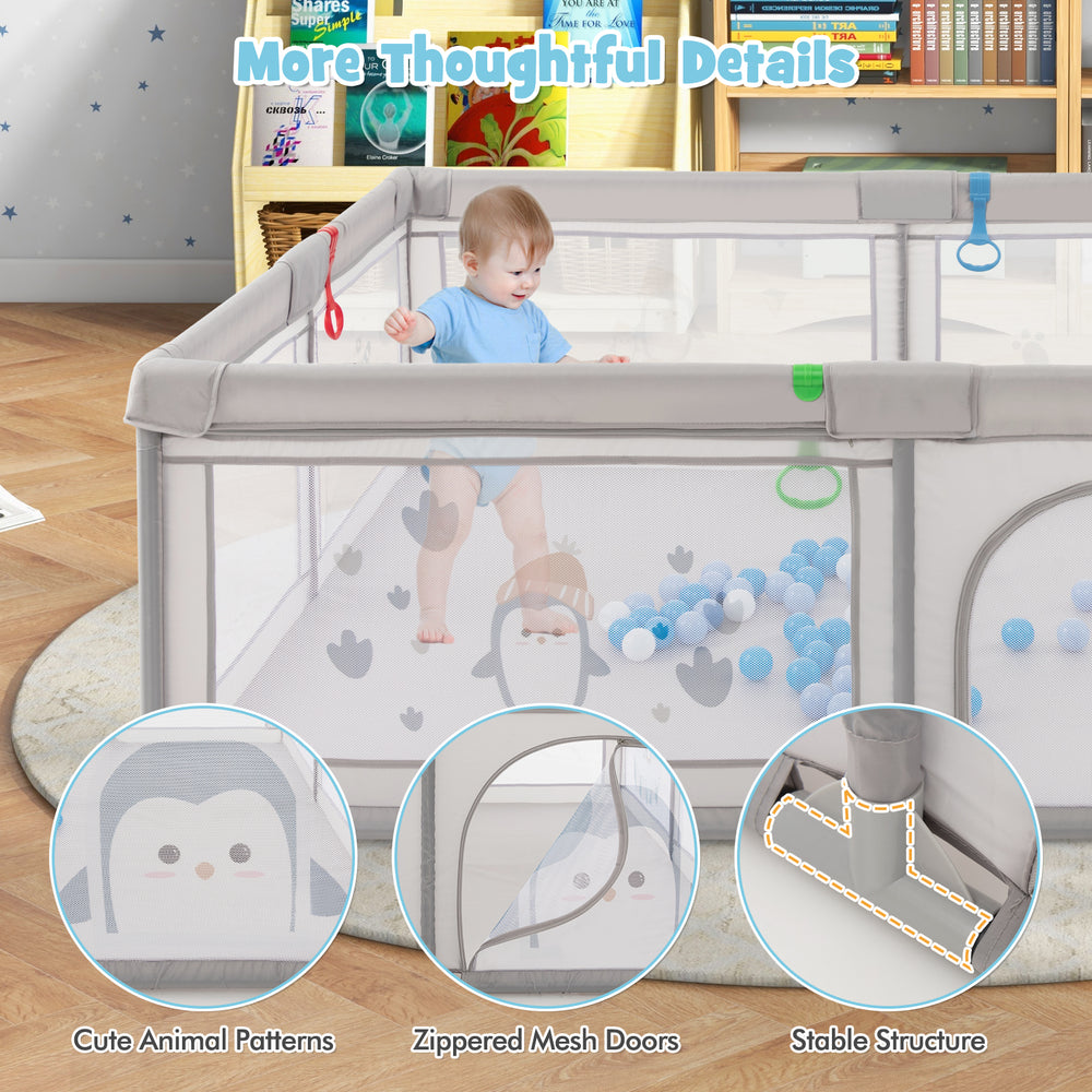 Large baby playpen with cute penguin patterns, featuring breathable mesh, pull rings, and colorful ocean balls for.