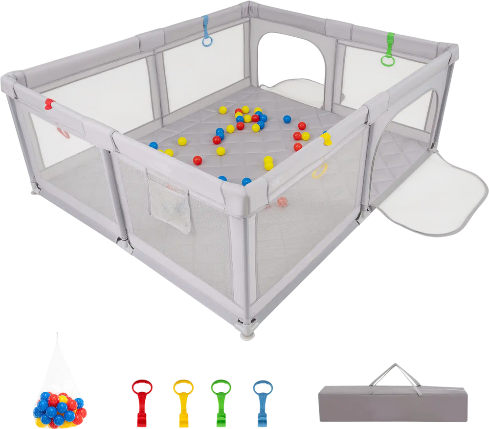 Large gray baby playpen with pull rings, 50 ocean balls, and mesh walls for safe, active play and motor skill.