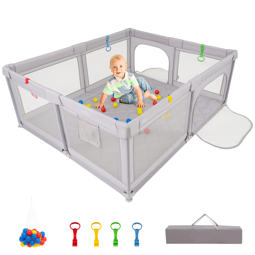 Large gray baby playpen with pull rings and 50 ocean balls, featuring a waterproof play mat and mesh walls for safety.