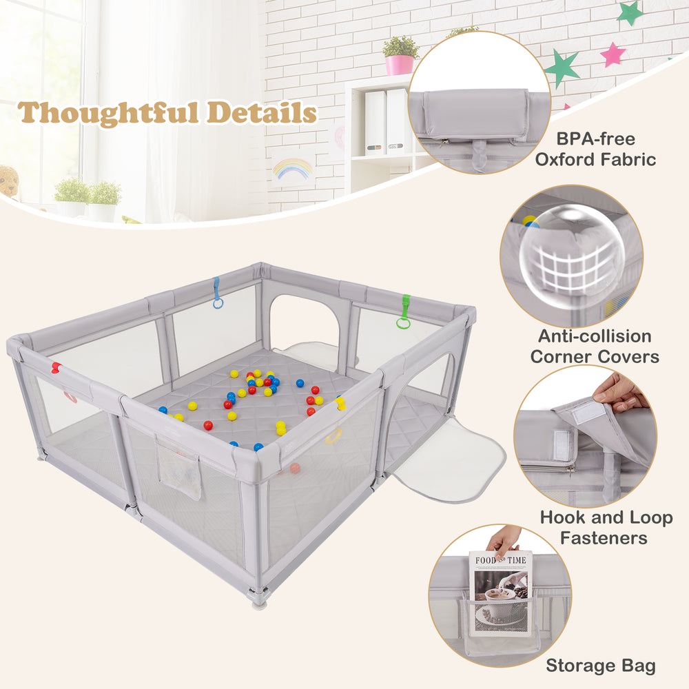 Large gray baby playpen with pull rings and ocean balls, featuring anti-collision corners and a waterproof play mat.