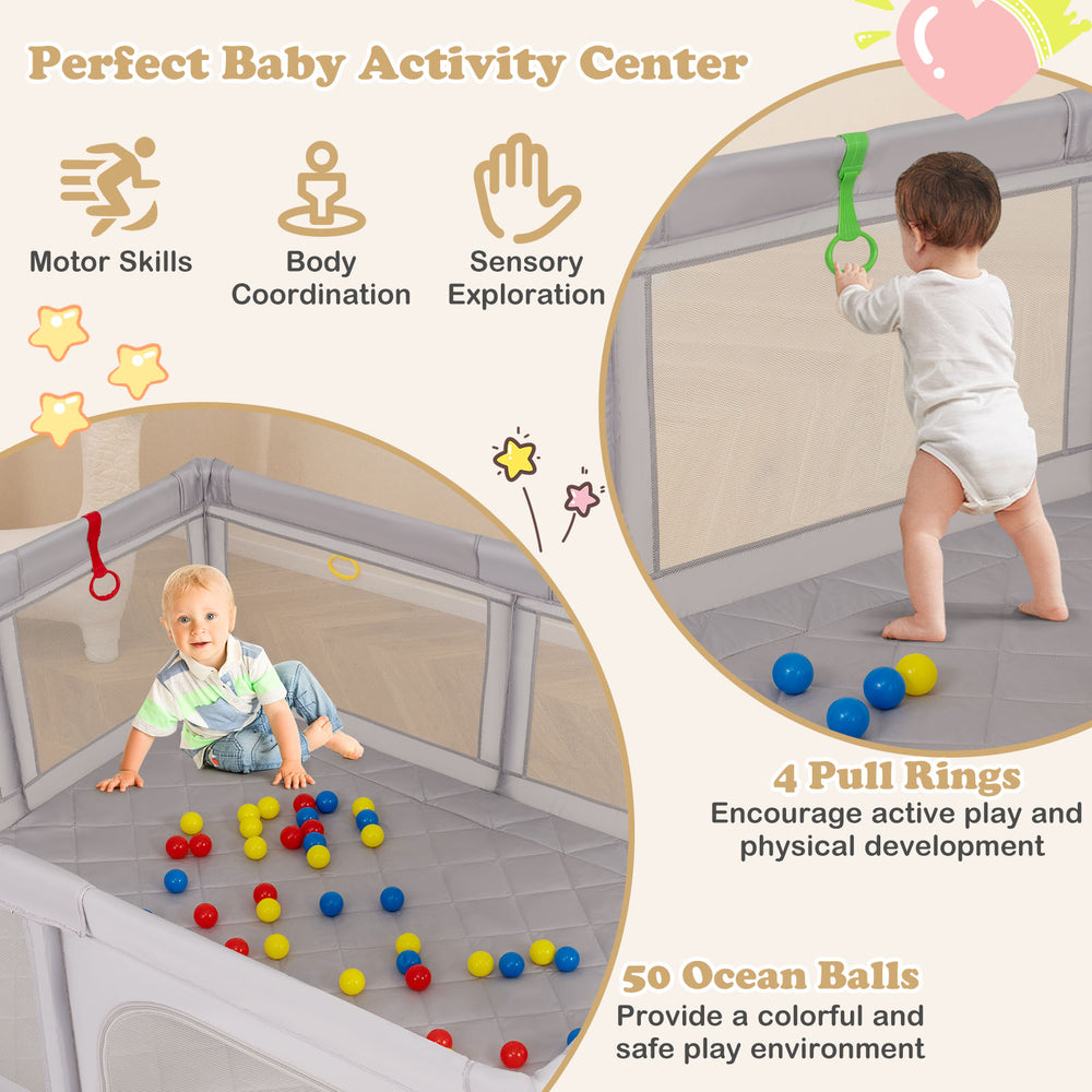 Large gray baby playpen featuring 4 pull rings and 50 colorful ocean balls for safe and active play.