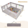 Large gray baby playpen with pull rings and ocean balls, featuring a sturdy design and portable storage bag for easy.