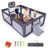 Large dark gray baby playpen with mat, ocean balls, and pull rings for safe play and learning for multiple children.