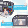 Large dark gray baby playpen with mesh walls, zippered doors, and 50 ocean balls for safe, fun playtime.