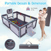 Large dark gray baby playpen with mat and ocean balls, featuring pull rings and zippered doors for safe play.