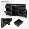Large buffet cabinet dimensions with hidden tilt-out trash can and two glass doors in black finish.