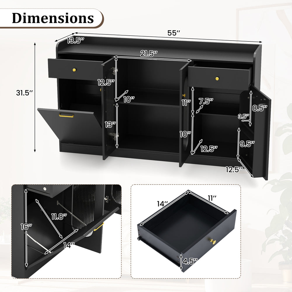 Large buffet cabinet dimensions with hidden tilt-out trash can and two glass doors in black finish.