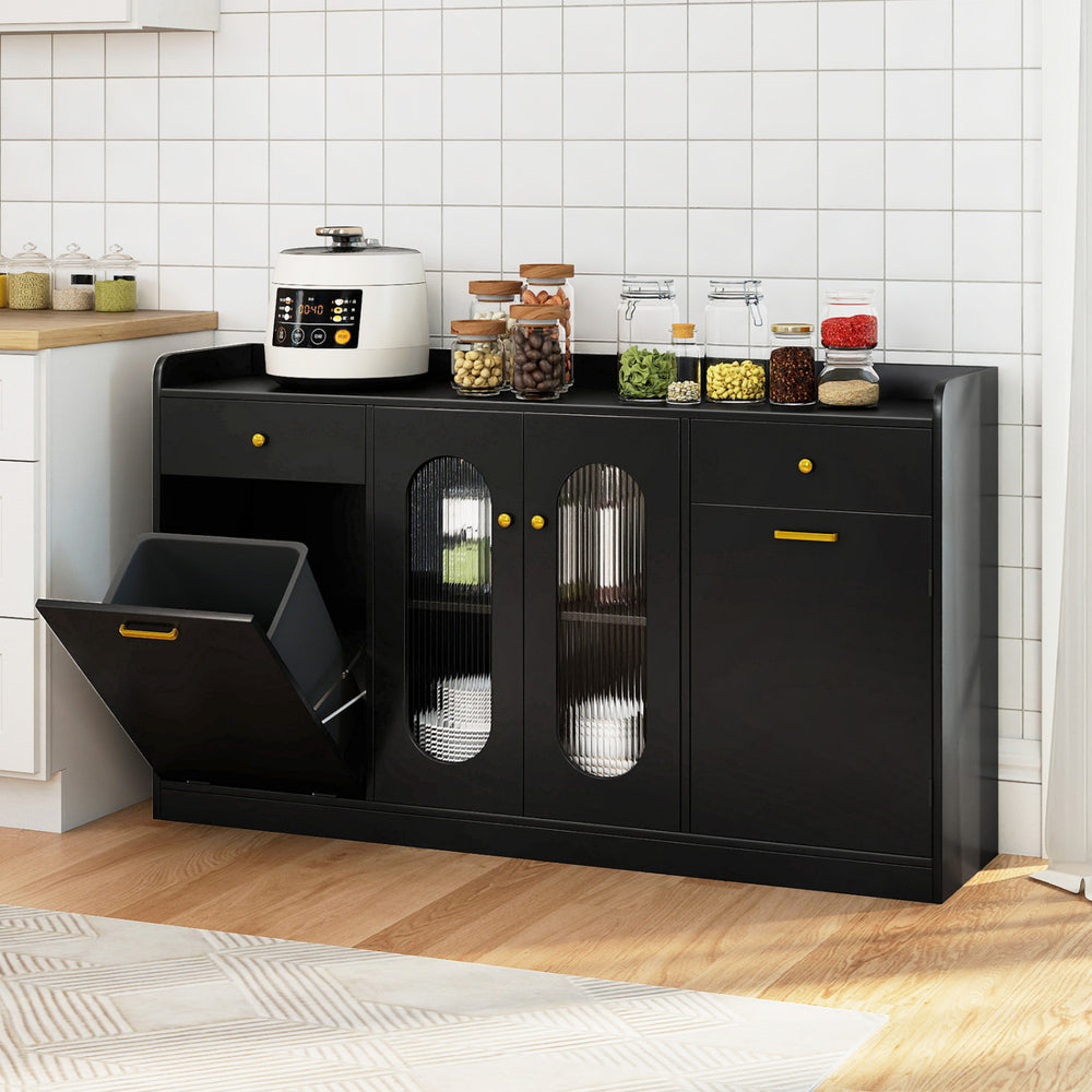 Large black buffet cabinet with two glass doors and hidden tilt-out trash can, perfect for kitchen storage.