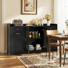 Large black buffet cabinet with two glass doors, featuring hidden tilt-out trash can, perfect for dining room storage.