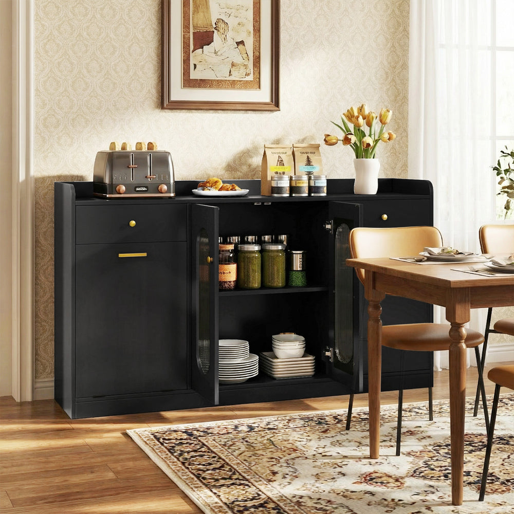 Large black buffet cabinet with two glass doors, featuring hidden tilt-out trash can, perfect for dining room storage.
