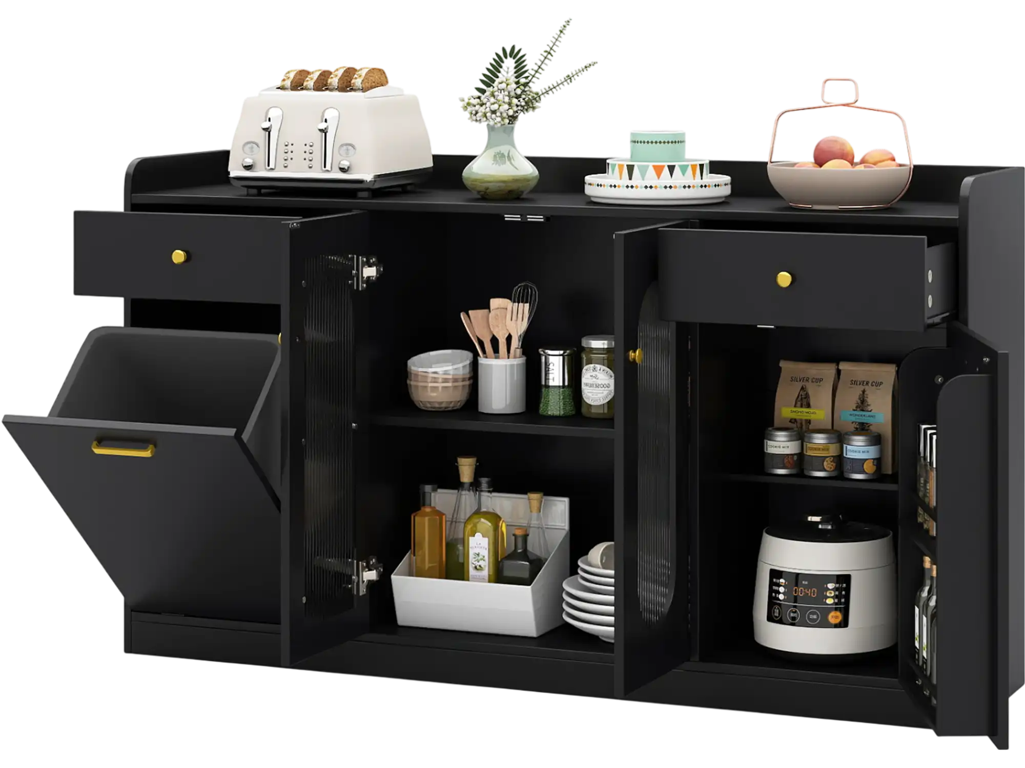 Costway Large Buffet Cabinet Hidden Tilt-Out Trash Can 2 Glass Doors 99958206 New