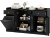 Large black buffet cabinet featuring hidden tilt-out trash can and two glass doors, ideal for kitchen organization.