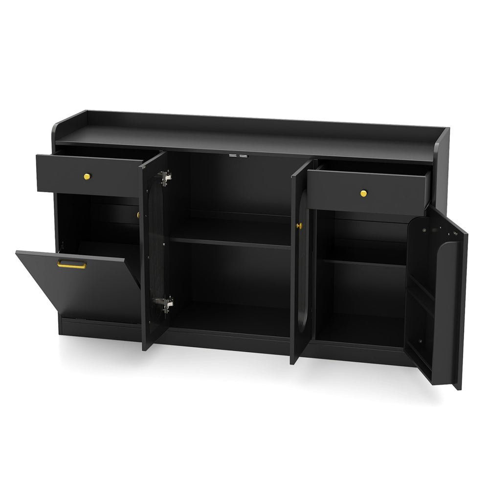 Large black buffet cabinet with hidden tilt-out trash can, featuring two glass doors and ample storage space.