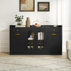 Large black buffet cabinet with two glass doors and hidden tilt-out trash can, perfect for stylish storage.