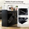 Large black buffet cabinet with tilt-out trash can storage, featuring two glass doors for a sleek kitchen design.