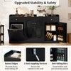 Large black buffet cabinet with hidden tilt-out trash can and glass doors, featuring anti-tipping devices for safety.