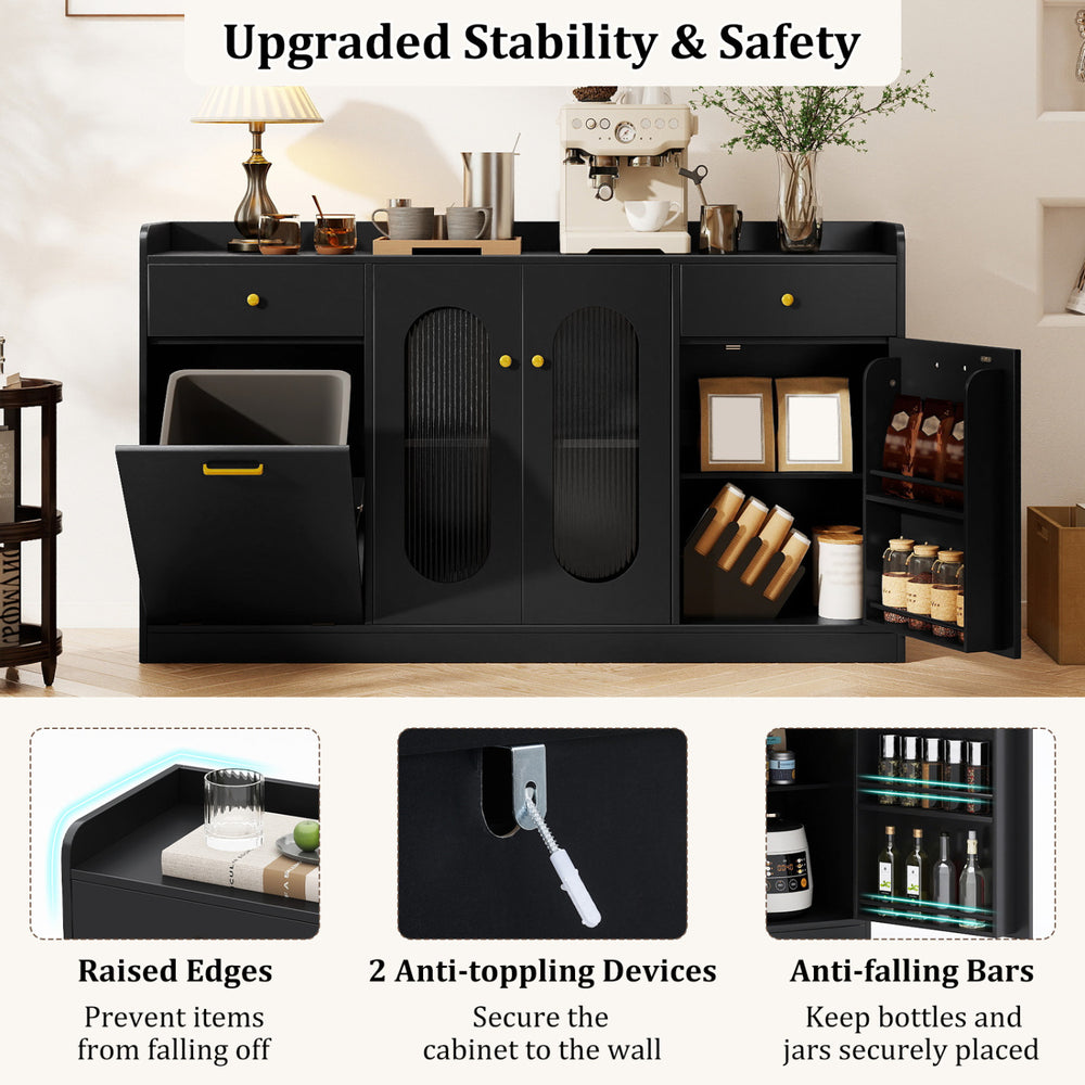Large black buffet cabinet with hidden tilt-out trash can and glass doors, featuring anti-tipping devices for safety.