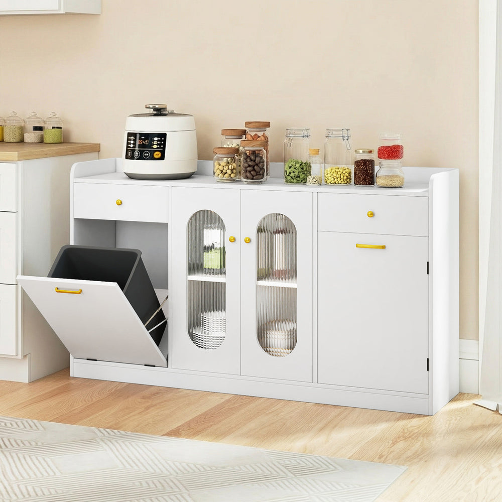Large Buffet Cabinet Hidden Tilt Out Trash Can Cabinet with 2 Glass Doors-White - Gallery View 1 of 10