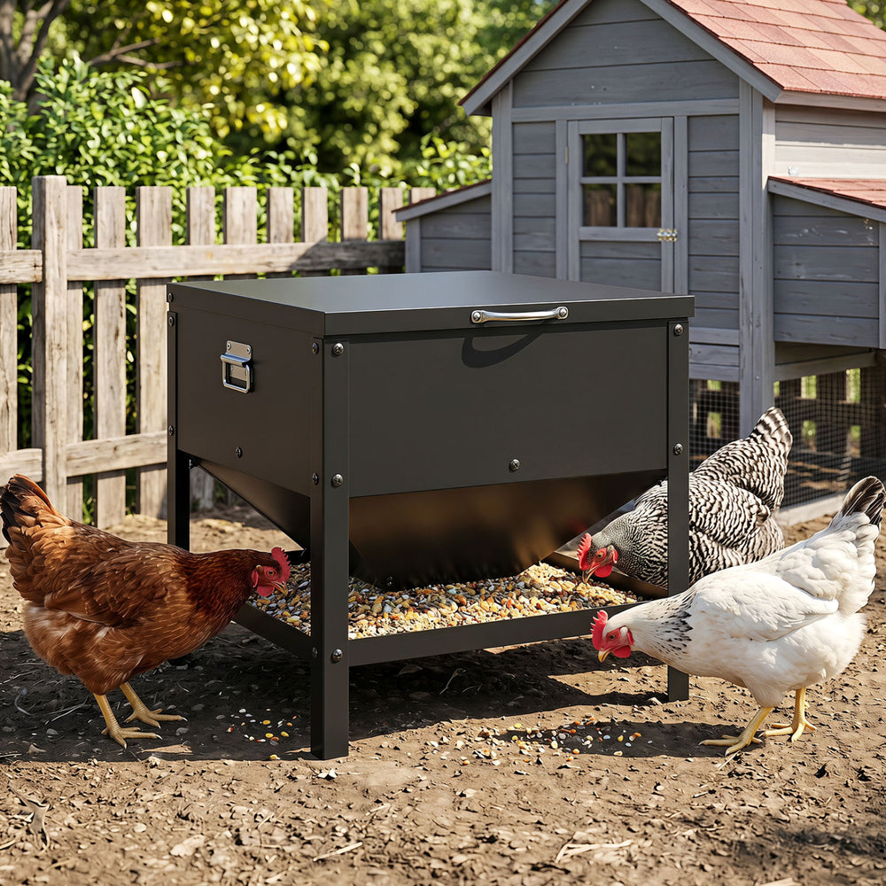 Large capacity black chicken feeding box with openable lid, galvanized metal for outdoor use, ideal for poultry feeding.