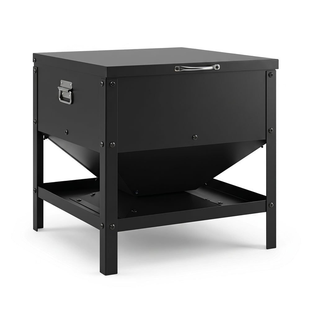 Large capacity black chicken feeding box with openable lid, galvanized metal for outdoor use, ideal for various poultry.
