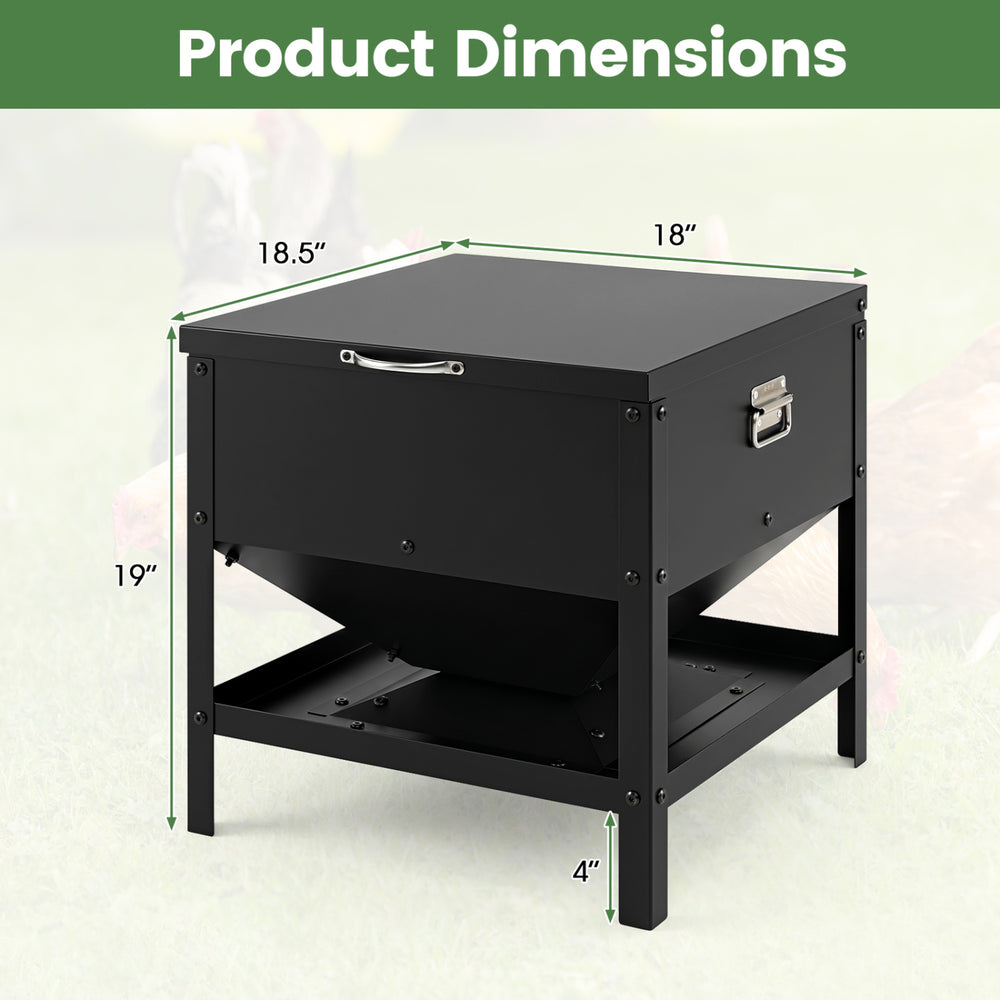 Large capacity black chicken feeding box with openable lid, galvanized metal for outdoor use, and raised edges to prevent spills.