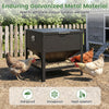 Large capacity black chicken feeding box made of galvanized metal, designed for easy refills and outdoor durability.