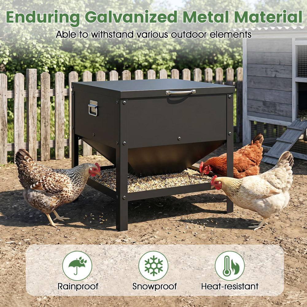 Large capacity black chicken feeding box made of galvanized metal, designed for easy refills and outdoor durability.
