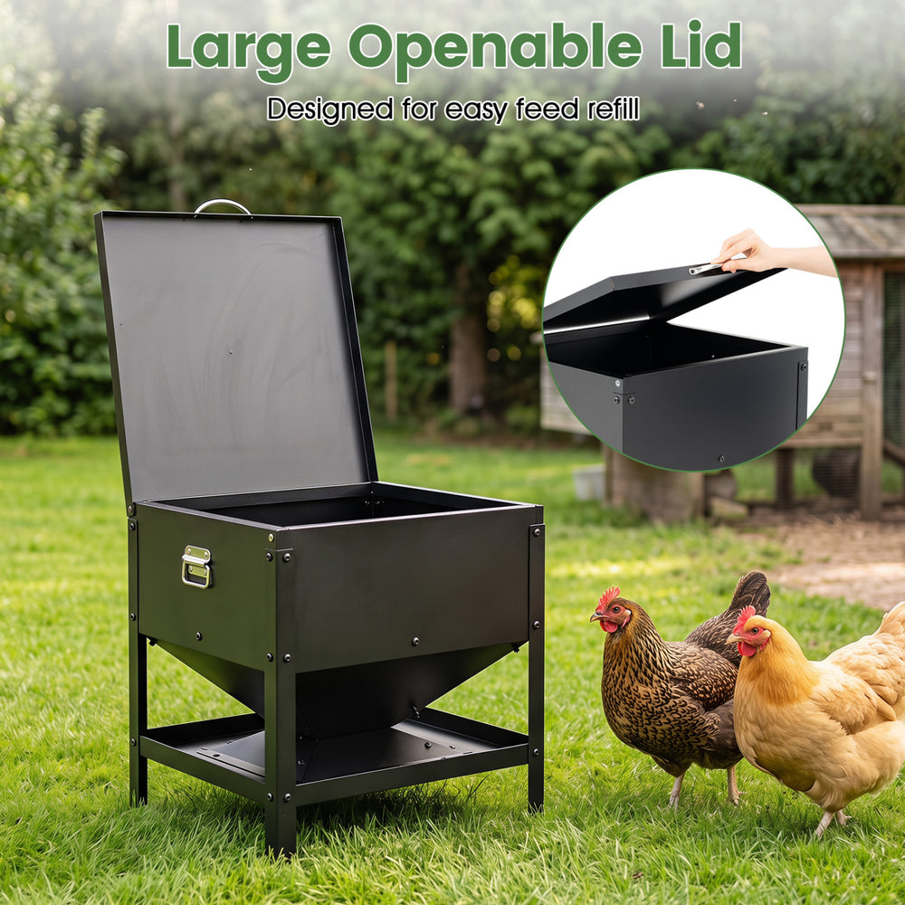 Large capacity chicken feeding box in black with an openable lid for easy feed refill and cleaning, ideal for poultry.