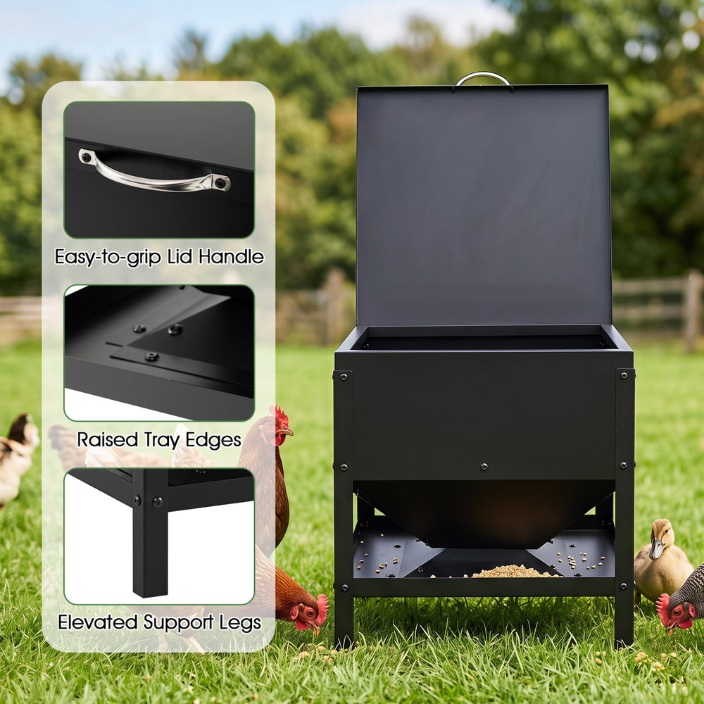 Large capacity black chicken feeding box with openable lid, raised tray edges, and elevated support legs for outdoor use.
