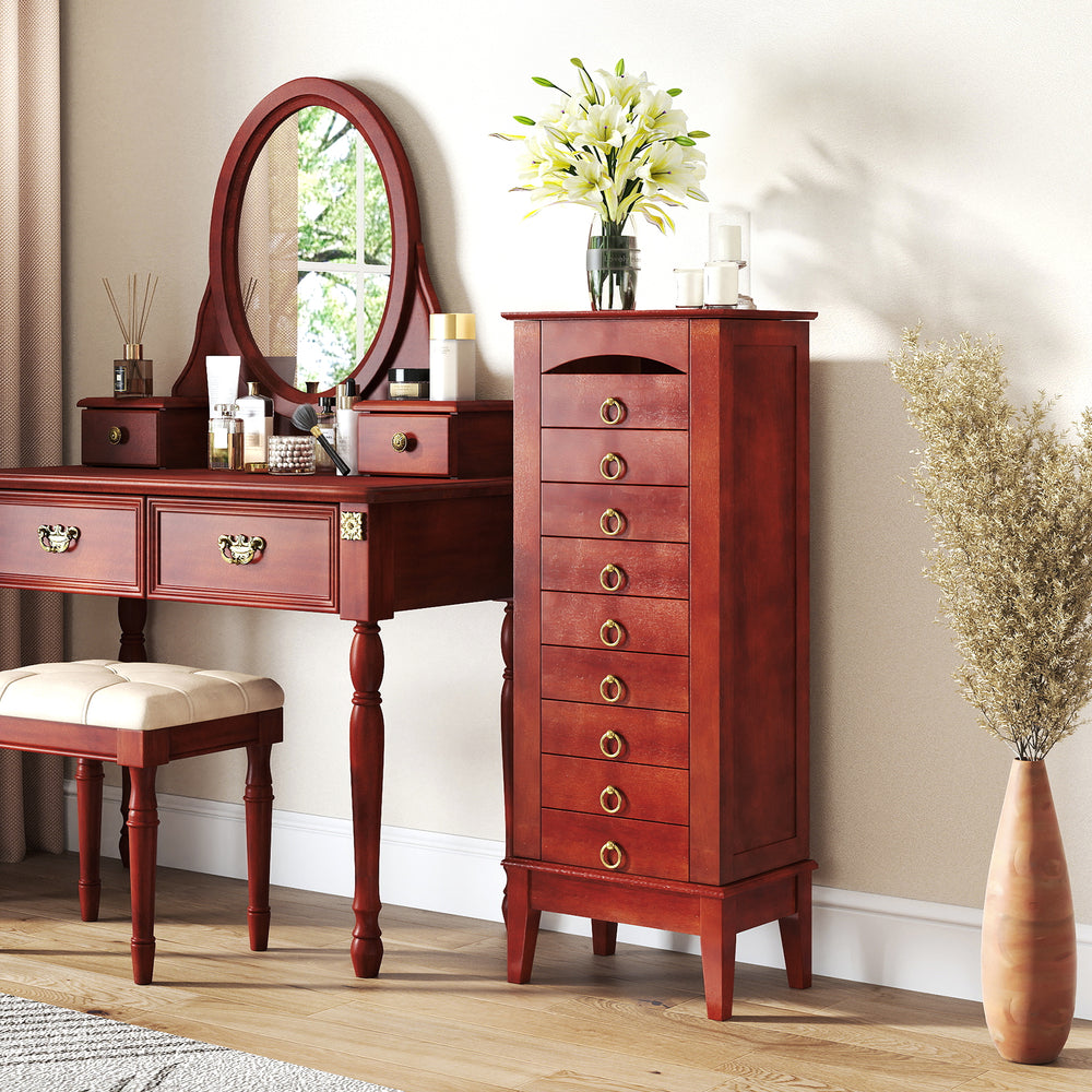 Large capacity jewelry storage cabinet with 9 drawers, featuring a flip top mirror and organized compartments for.
