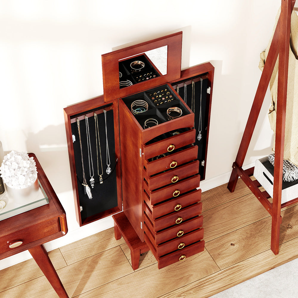 Large capacity jewelry storage cabinet with 9 drawers, flip top mirror, and organized compartments for easy access.