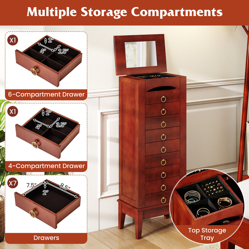 Large capacity jewelry storage cabinet with 9 drawers, flip top mirror, and multiple compartments for organized jewelry.