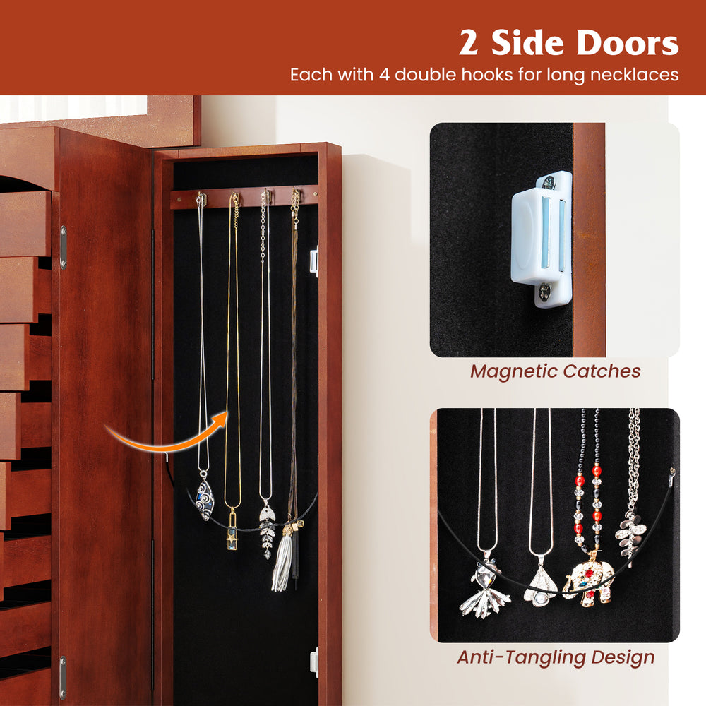 Jewelry storage cabinet with side doors, featuring 4 hooks for necklaces and magnetic catches for secure closure.