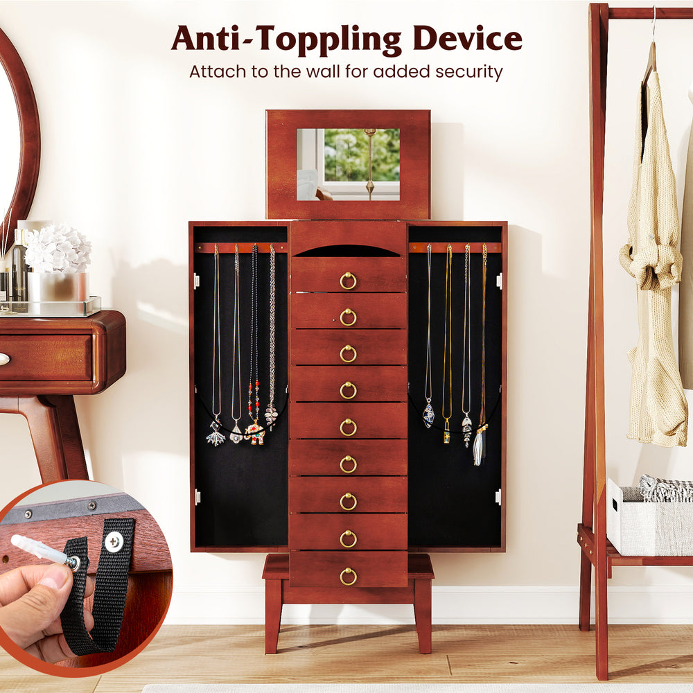 Large capacity jewelry storage cabinet with 9 drawers, flip top mirror, and anti-toppling device for added security.