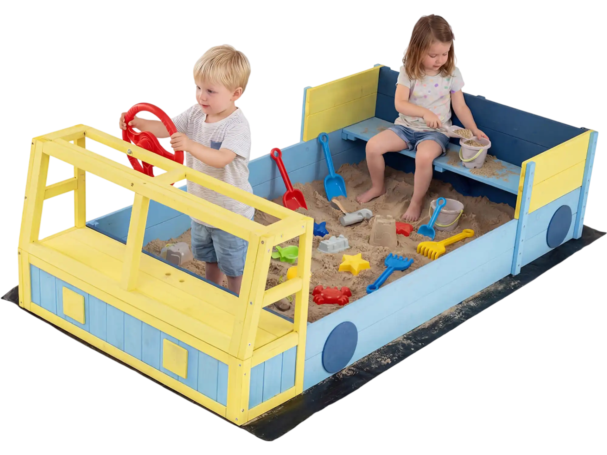 Costway Large Car-Themed Sandbox Fir Wood Frame Bottom Liner 54033423 New
