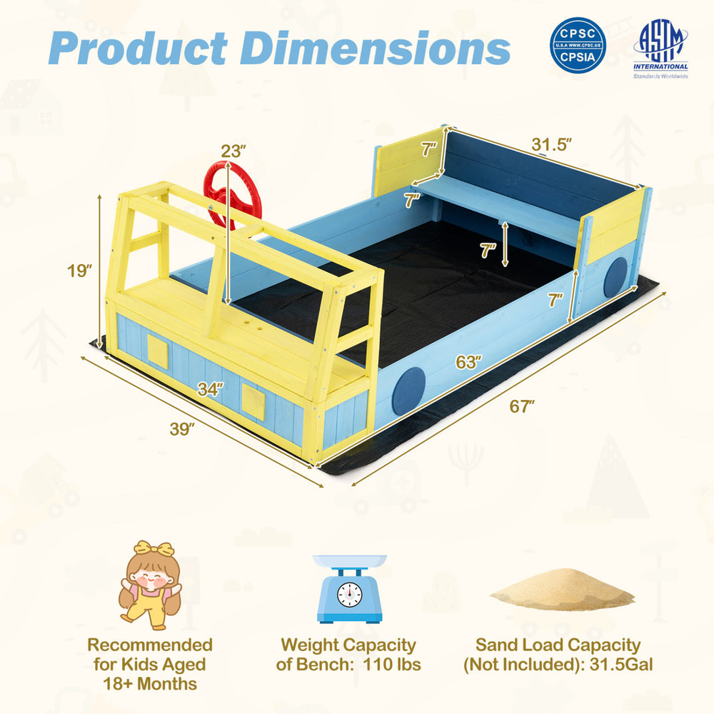 Large car-theme sandbox with fir wood frame, blue design, and storage space for toys, perfect for kids' imaginative.