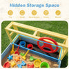 Large car-themed sandbox with hidden storage for toys, made of durable fir wood, perfect for imaginative outdoor play.
