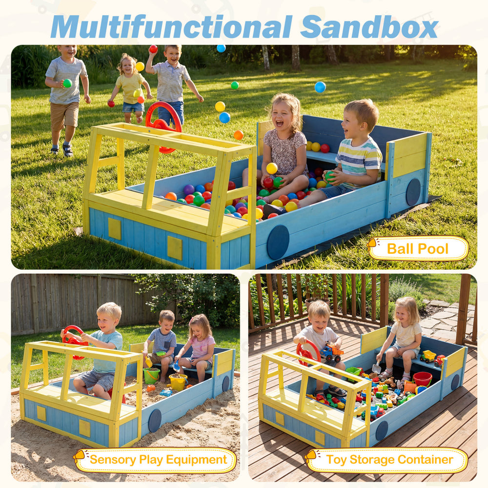 Large car-themed sandbox with fir wood frame, featuring a ball pool and sensory play equipment for kids' interactive.