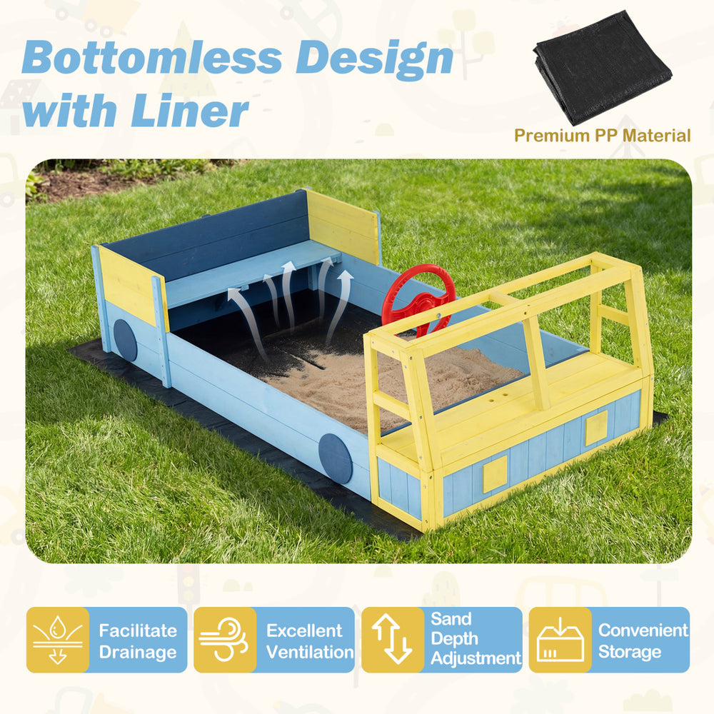 Large car-theme sandbox with fir wood frame and bottom liner, designed for imaginative play and convenient storage.