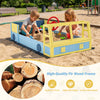 Large car-theme sandbox made of splinter-free fir wood, featuring a rotatable rudder and storage for sand toys.